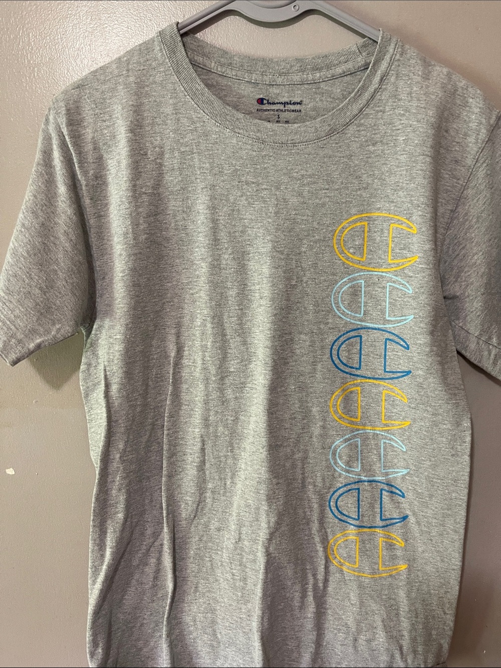 Champion Heather Gray Short Sleeve Tee with Blue & Yellow Logo Stack